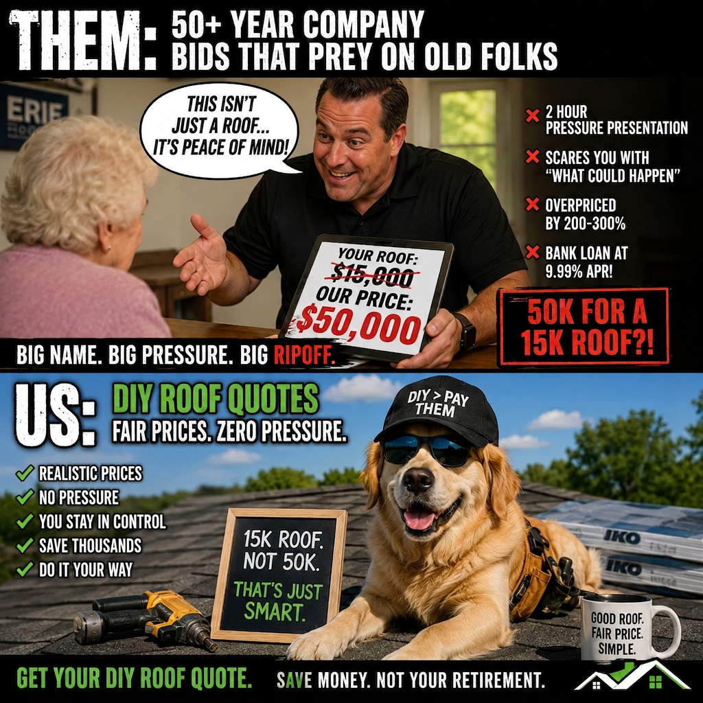 Big-name roofers charge $50K for a $15K roof. Build your own honest DIY roof quote instead.