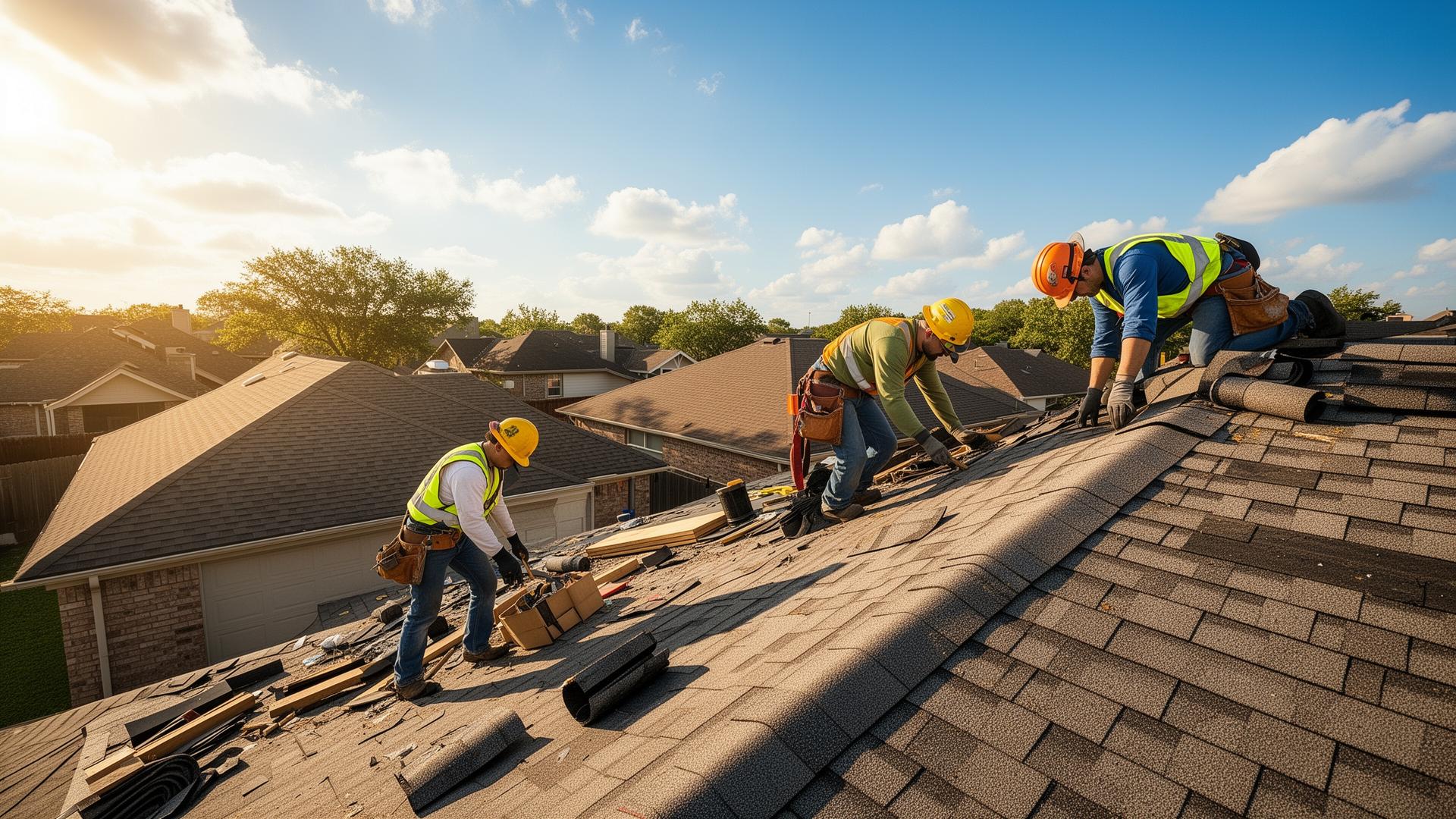 Professional roof repair crew working on a Houston home